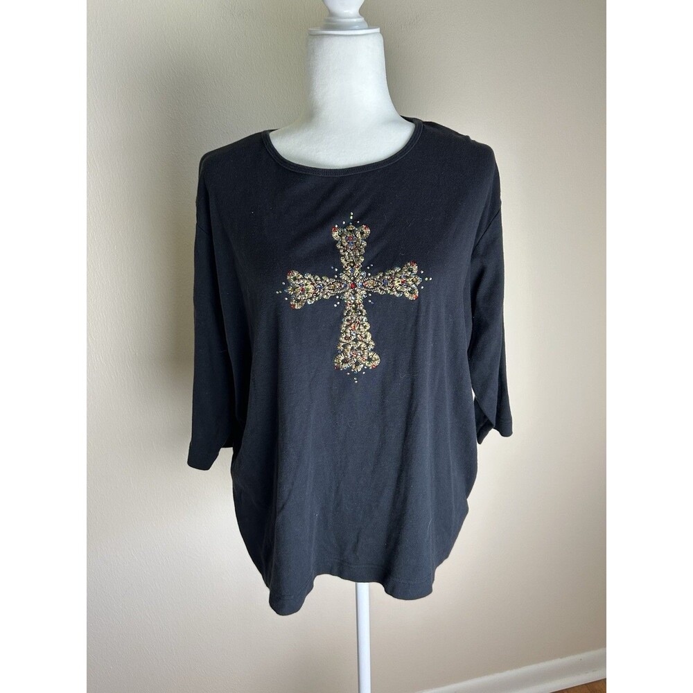 Reba Top Womens 2XL Western Tribal Embroidered Cross Embellished Studded Black